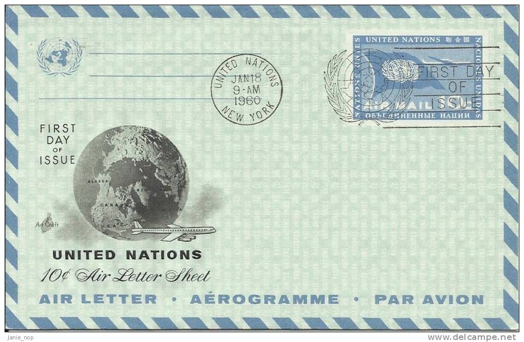 United Nations 1960 10c Air Letter Sheet  FDI - 2a. 1941-1960 Oblitérés