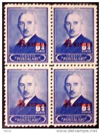 1943 TURKEY 4,5 KURUS SURCHARGED POSTAGE STAMP - INONU BLOCK OF 4 MNH ** - Neufs