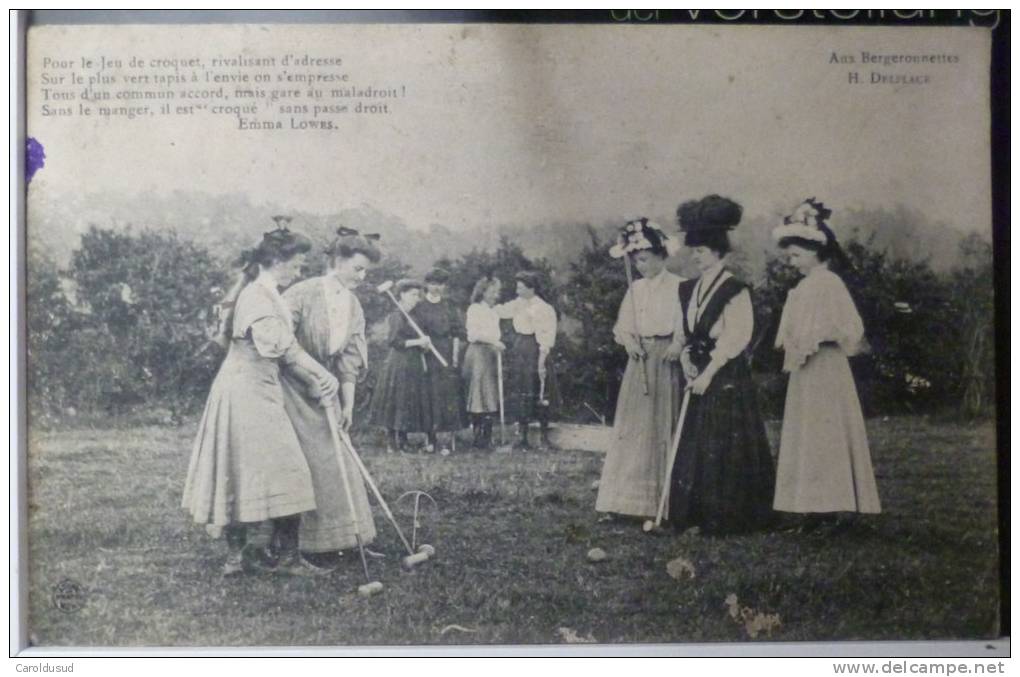 CPA RARE Photo Femme Femmes Elegante Chapeau Jeu Partie De Croquet Texte Emma Lowes Aux Bergeronnettes Delplace - Regionale Spiele