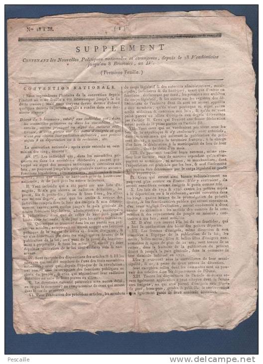 SUPPLEMENT NOUVELLES POLITIQUES ... 18 VENDEMIAIRE 8 BRUMAIRE AN IV - EMIGRES PRETRES ... - COSTUMES FONCTIONNAIRES - Zeitungen - Vor 1800