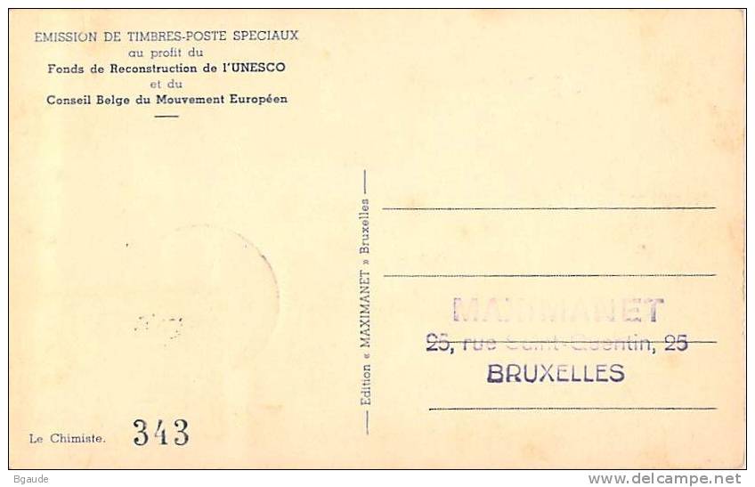 BELGIQUE CARTE MAXIMUM  NUM.YVERT 842 UNESCO CHIMISTE - 1934-1951