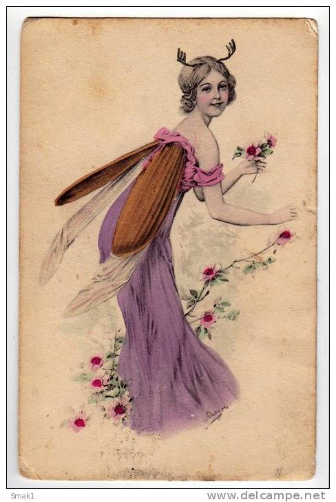 FANCY CARDS WOMEN JOUNG GIRL FAIRY AS AN INSECT FLOWERS SERIE 116 LITHOGRAPHY OLD POSTCARD - Women