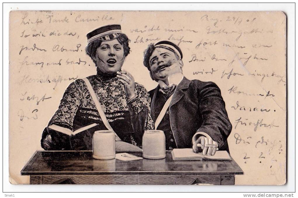 HUMOUR BEER A COUPLE DRINKING BEER AND SINGING RELIEF Nr. 1 OLD POSTCARD - Humour