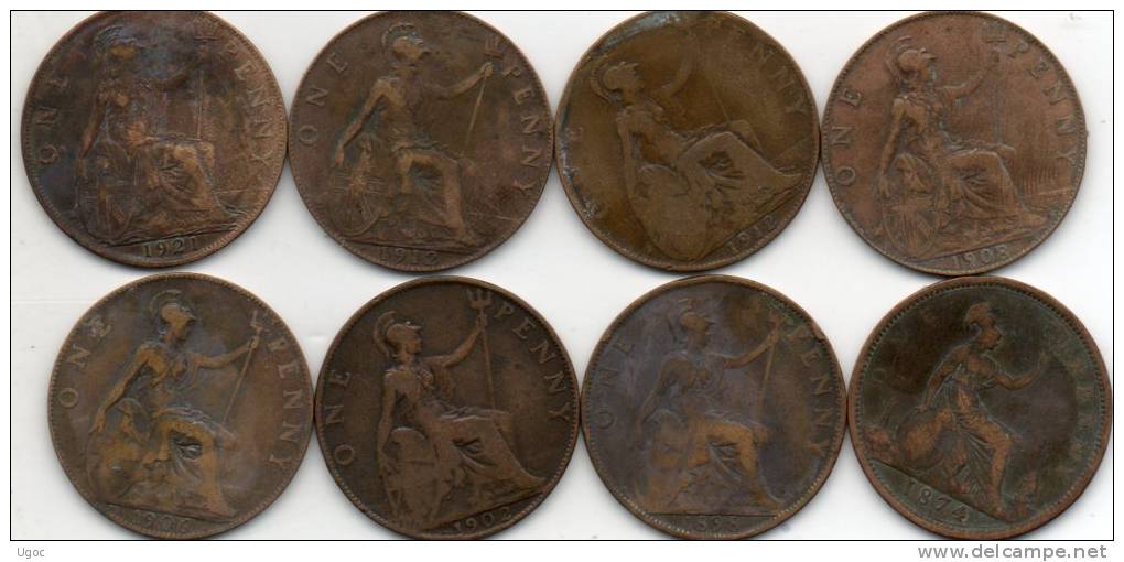 - 8 Pièces De Monnaie ONE PENNY - 1874 - 1898 - 1902 - 1906 - 1908 - 1912 (2 ) - 1921  - 288 - Andere & Zonder Classificatie