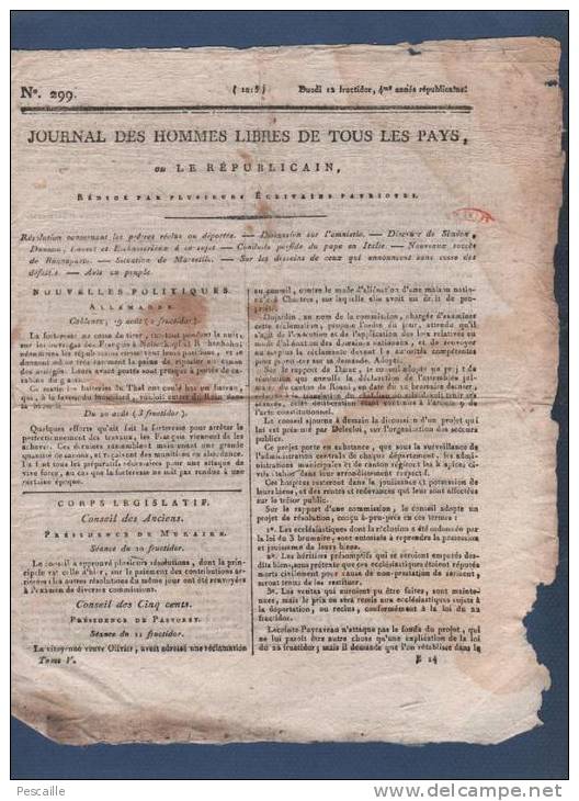 JOURNAL DES HOMMES LIBRES LE REPUBLICAIN 12 FRUCTIDOR AN 4 - ARMEE D'ITALIE BERTHIER - BONAPARTE - MARSEILLE - JOURDAN - - Kranten Voor 1800