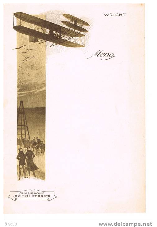 MENU PUBLICITAIRE POUR LE CHAMPAGNE JOSEPH PERRIER - ILLUSTRATION THEME AVIATION - WRIGHT ET SON AVION - FORMAT 15X22 EN - Menus