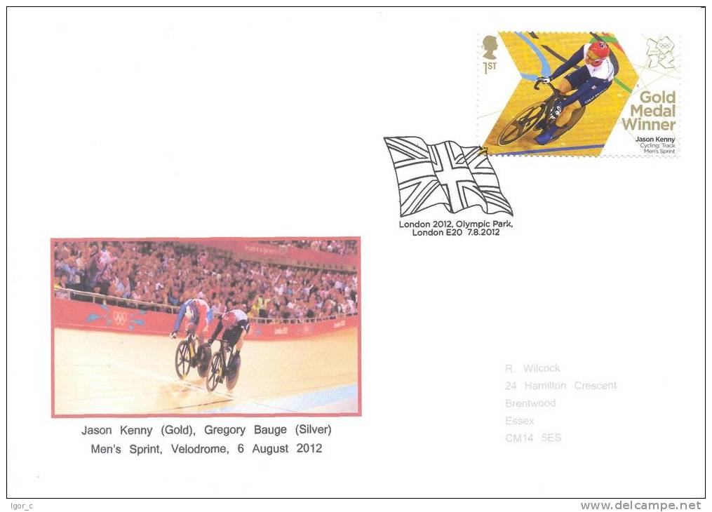UK Olympic Games London 2012;  Track Cycling Man's Sprint Champion Jason Kenny Gold Medal Stamp And Cachet; Flag Cancell - Verano 2012: Londres