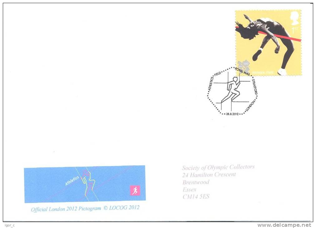 UK Olympic Games London 2012; Field Athletics High Jump 1st Class Stamp And Athletics Pictogram Cancellation And Cachet - Summer 2012: London