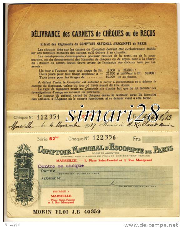 CARNET DE CHEQUE - COMPTOIR NATIONAL D´ESCOMPTE DE PARIS - Chèques & Chèques De Voyage