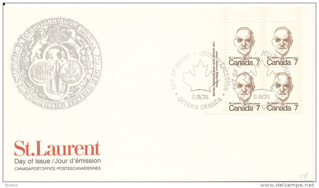 Canada FDC 8-4-1974 In A Block Of 4 St. Laurent With Cachet - 1971-1980
