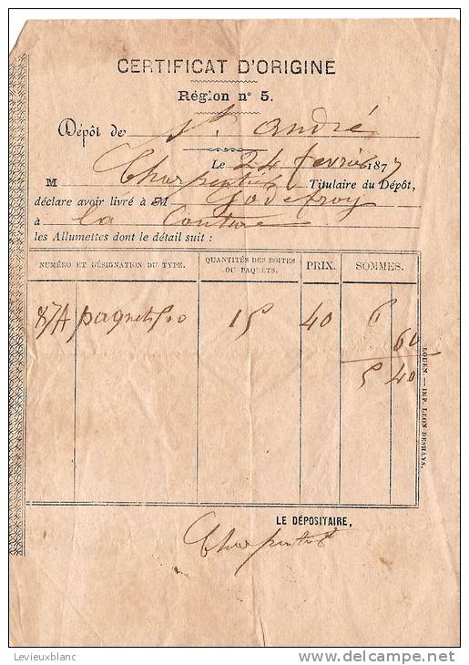 Livraison/ Certificat D´Origine / Allumettes/Région N°5/ Saint André/Eure/ La Couture/ 1877   AL15 - Boites D'allumettes