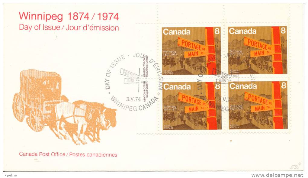 Canada FDC 3-5-1974 In A Block Of 4 Winnipeg With Cachet - 1971-1980