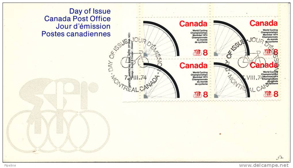 Canada FDC 7-8-1974 In A Block Of 4 World Cycling Championships In Montreal With Cachet - 1971-1980