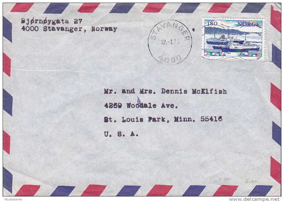 Norway Airmail Par Avion STAVANGER 1978 Cover Brief To St. LOUIS PARK, Minn. USA Schiff Ship Franking - Storia Postale