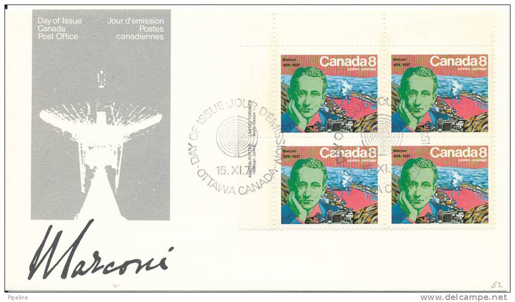 Canada FDC 15-11-1974 In Block Of 4 Marconi With Cachet - 1971-1980