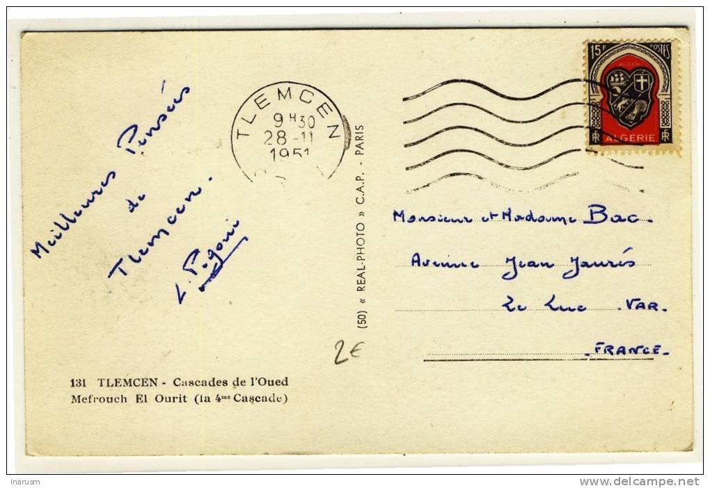 Oblitération T04, Algérie Française  -  " TLEMCEN  /  ORAN  /  28-11-1951 " - Storia Postale