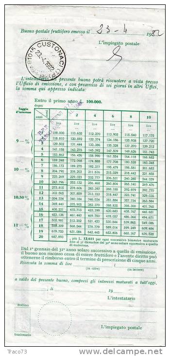 BUONO POSTALE FRUTTIFERO /  LIRE 100.000 - Emesso - Altri & Non Classificati