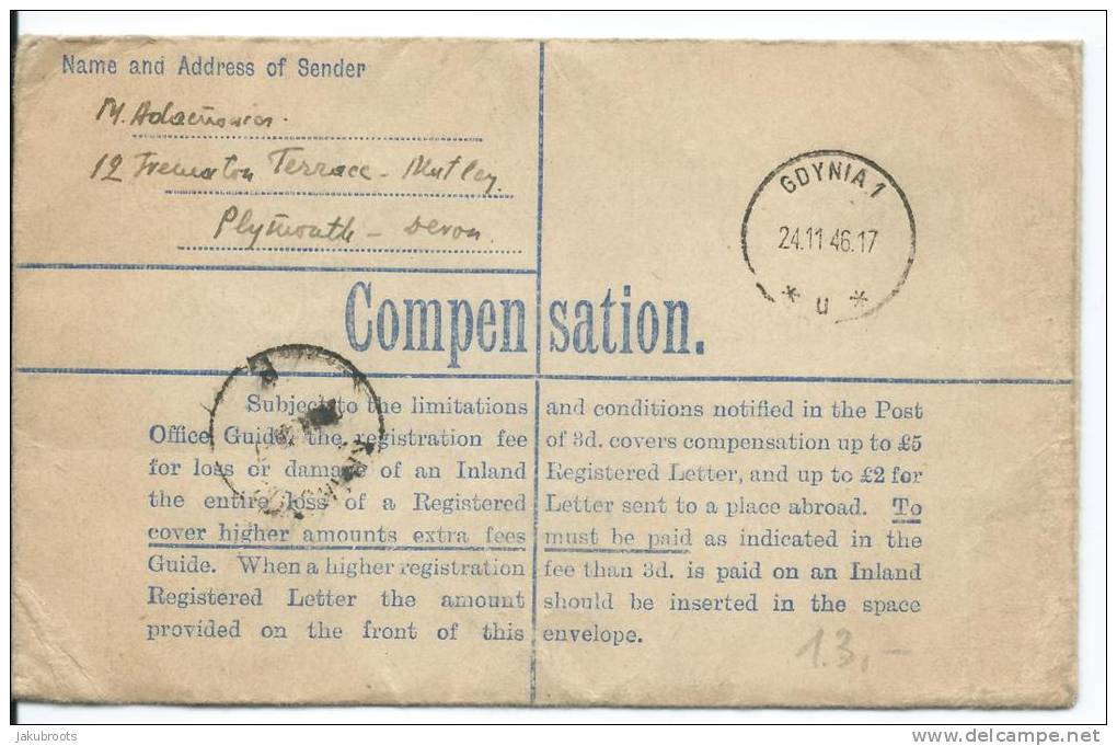 1946 REGISTERED LETTER  DEVENPORT --GDYNIA - Other & Unclassified