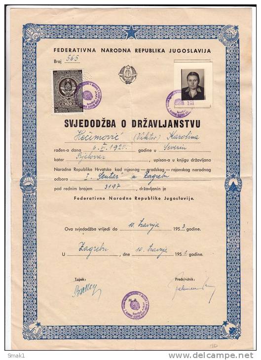 H CERTIFICATE OF CITIZENSHIP FNRJ JUGOSLAVIA ZAGREB CROATIA - Documenti Storici