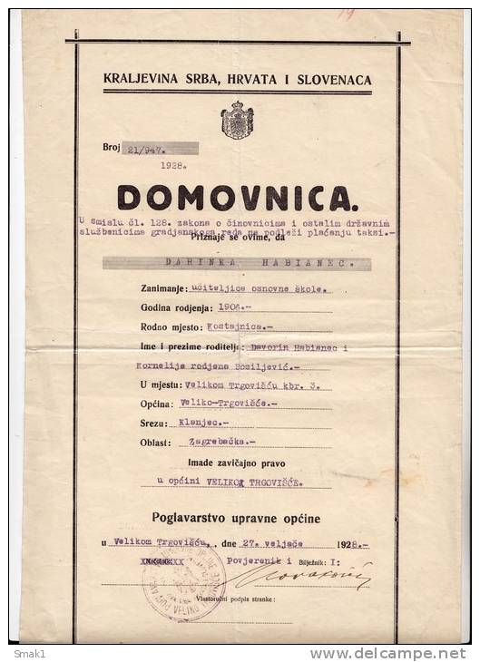 H CERTIFICATE OF CITIZENSHIP KINGDOM OF SERBS, CROATS AND SLOVENES VELIKO TRGOVISCE CROATIA - Historical Documents