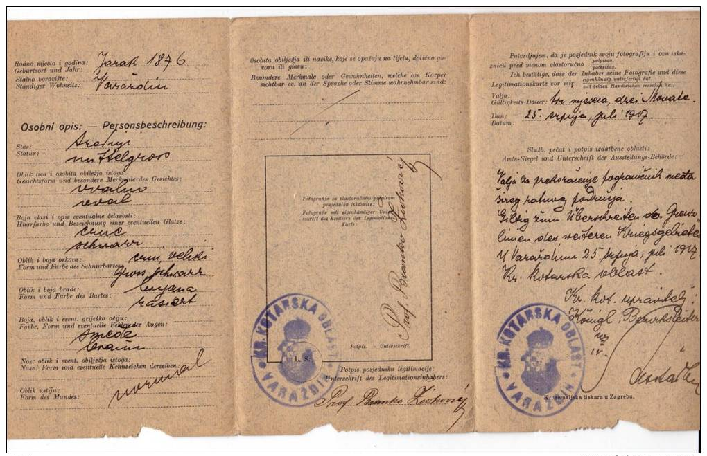 H IDENTIFICATION CARD FOR TRAVELING OVER THE BORDER AUSTRO-HUNGARIAN EMPIRE VARAZDIN CROATIA - Historical Documents