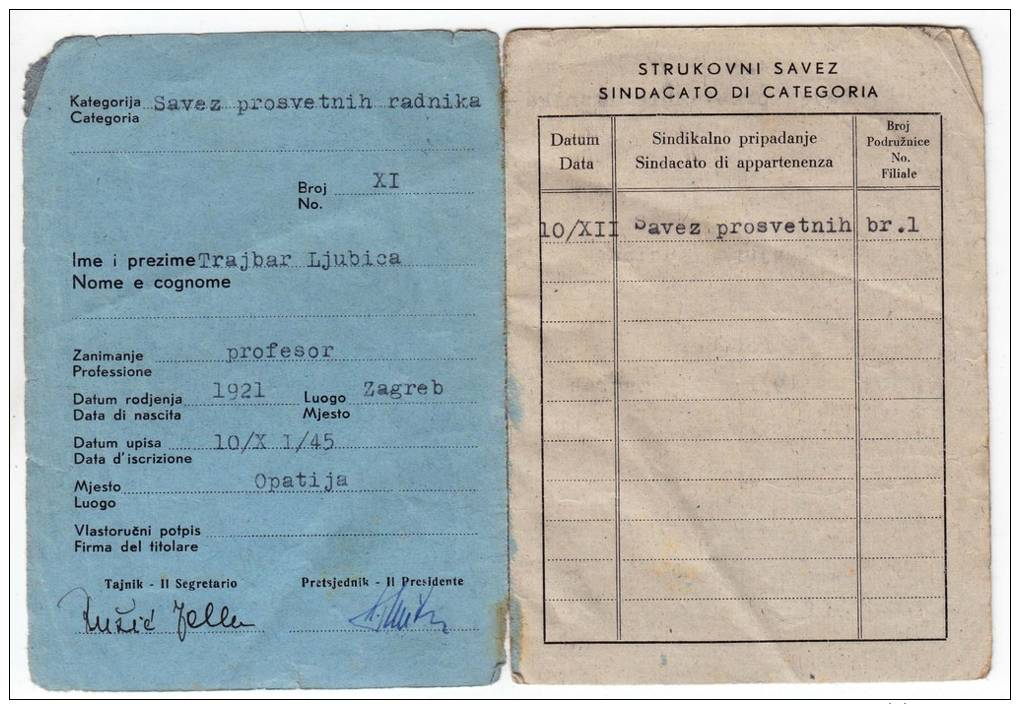 H MEMBERSHIP CARD FOR UNION OF WORKERS AND EMPLOYEES FNRJ JUGOSLAVIA ZAGREB CROATIA - Historical Documents