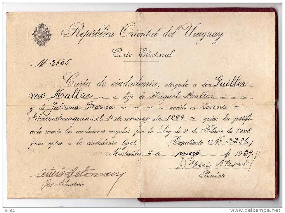 H ELECTORAL COURT LEGAL CITIZENSHIP CARD REPUBLICA ORIENTAL DEL URUGUAY MONTEVIDEO - Historical Documents