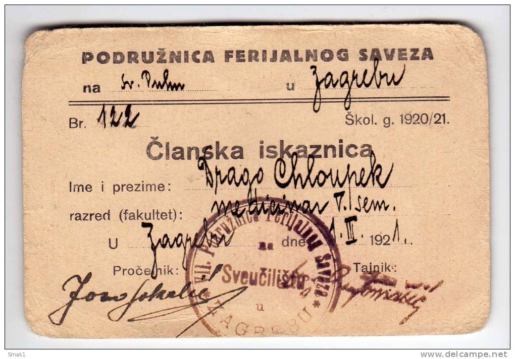 H MEMBERSHIP CARD YUOTH UNION BRANCH KINGDOM OF SERBS, CROATS AND SLOVENAS SHS ZAGREB CROATIA - Historical Documents