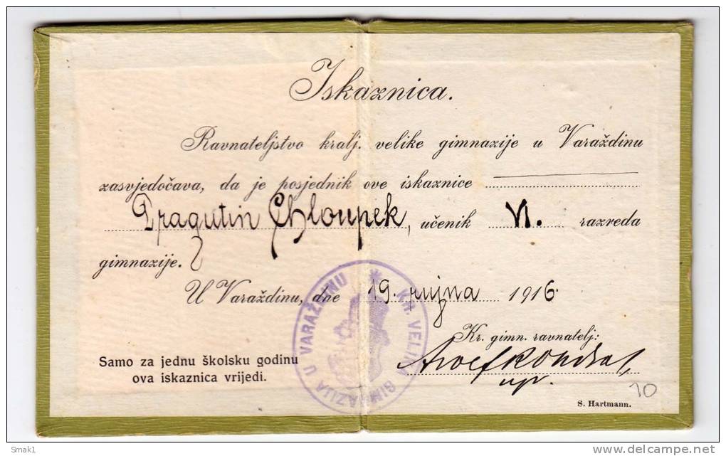 H IDENTITY CARD FOR GIMNASIUM AUSTRO HUNGARIAN MONARCHY VARAZDIN CROATIA - Historical Documents