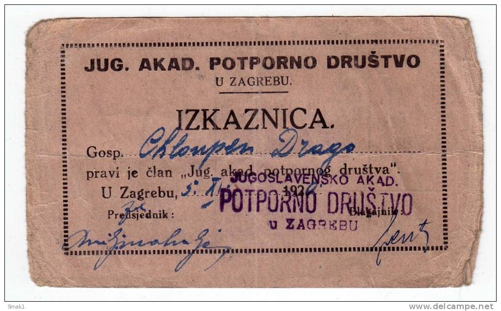 H IDENTITY CARD FOR YUGOSLAVIAN ACADEMIC SUPPORTIVE ASSOCIATION ZAGREB CROATIA SHS - Historical Documents