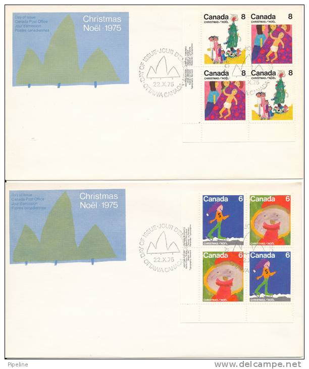 Canada FDC 22-10-1975 Set Of 4 In Block Of 4 CHRISTMAS Stamps On 4 Covers With Cachet - 1971-1980