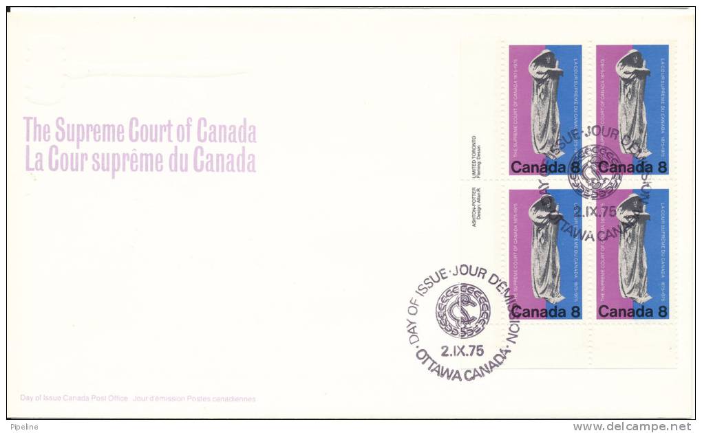 Canada FDC 2-9-1975 In Block Of 4 The Supreme Court Of Canada With Cachet - 1971-1980