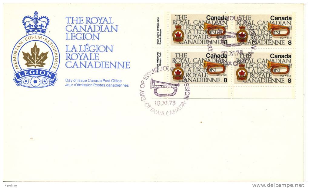 Canada FDC 10-11-1975 In Block Of 4 The Royal Canadian Legion With Cachet - 1971-1980