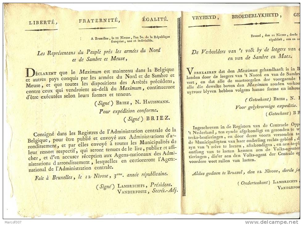 1ER EMPIRE - 11 NIVOSE AN3 - BRUSSEL - JOURNAL DE SERVICE DE LA POSTE - FRANCAIS - FLAMAND - Manuscrits