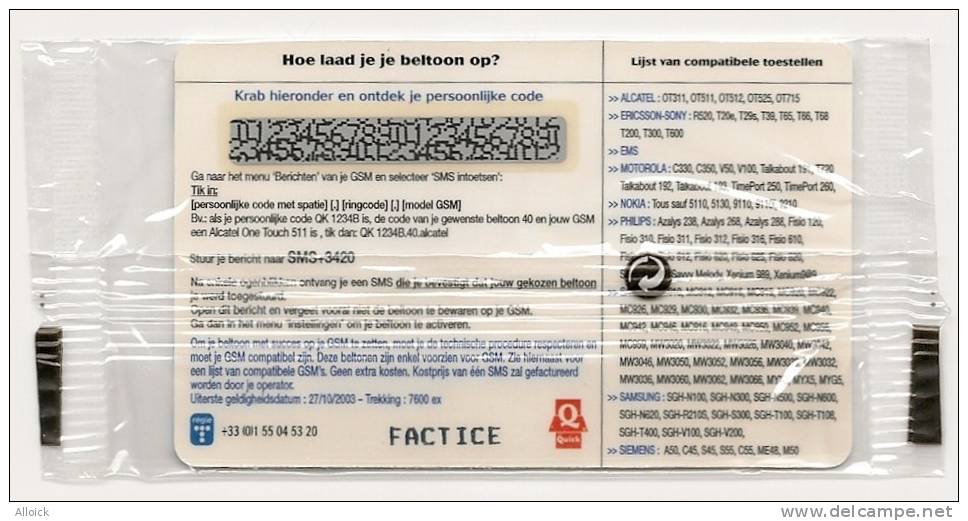 Carte  GSM  Belgique  N.V.  Quick  Restaurants S.A.  Bruxelles - Brussel  FACTICE TRES RARE - Te Identificeren