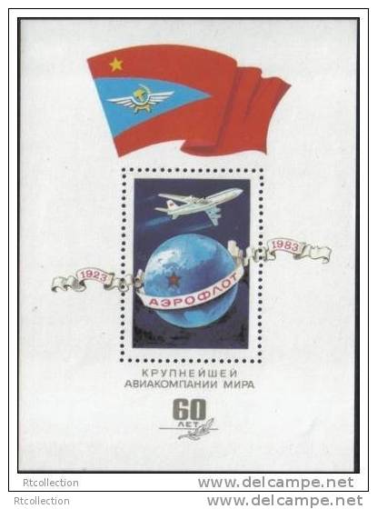 USSR Russia 1982 - 60th Anniversary Aeroflot Aero Airplane Globe Flag Celebrations Emble SOUVENIR SHEET Stamp MNH Rare - Colecciones