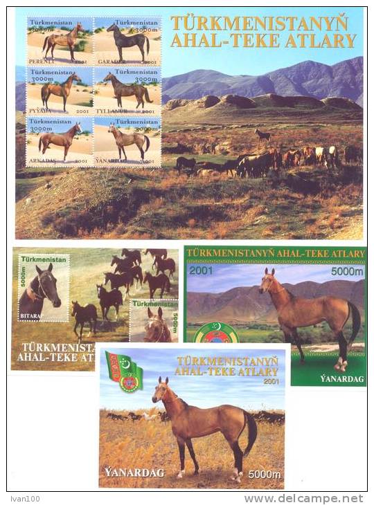 2001. Horses Of Turkmenistam Sheetlet + 3 S/s, Mint/** - Turkmenistán