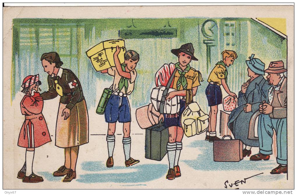 Service SCOUT I L'aide Aux évacus Dans Les Gares -Eclaireurs De France à VICHY GARE-SCOUTISME- DESSIN De SVEN - 2 SCANS - Scoutisme