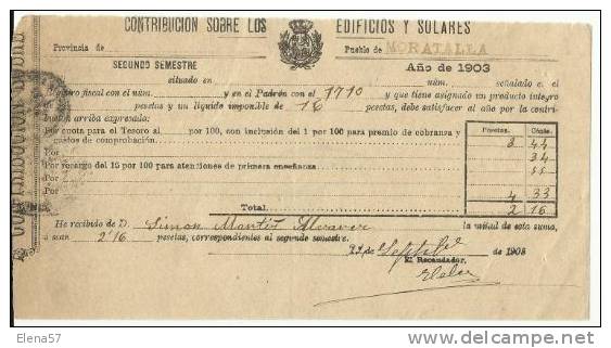 B13B-DOCUMENTO FISCAL  MURCIA CARAVACA IMPUESTOS TASAS.MORATALLA. SPAIN REVENUE FISCAUX.1903 BUEN ESTADO CON SELLO FISC - Manuscritos