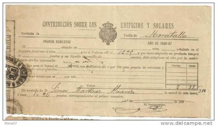 B13D-DOCUMENTO FISCAL  MURCIA CARAVACA IMPUESTOS TASAS.MORATALLA. SPAIN REVENUE FISCAUX.1896 BUEN ESTADO CON SELLO FISC - Manuscritos