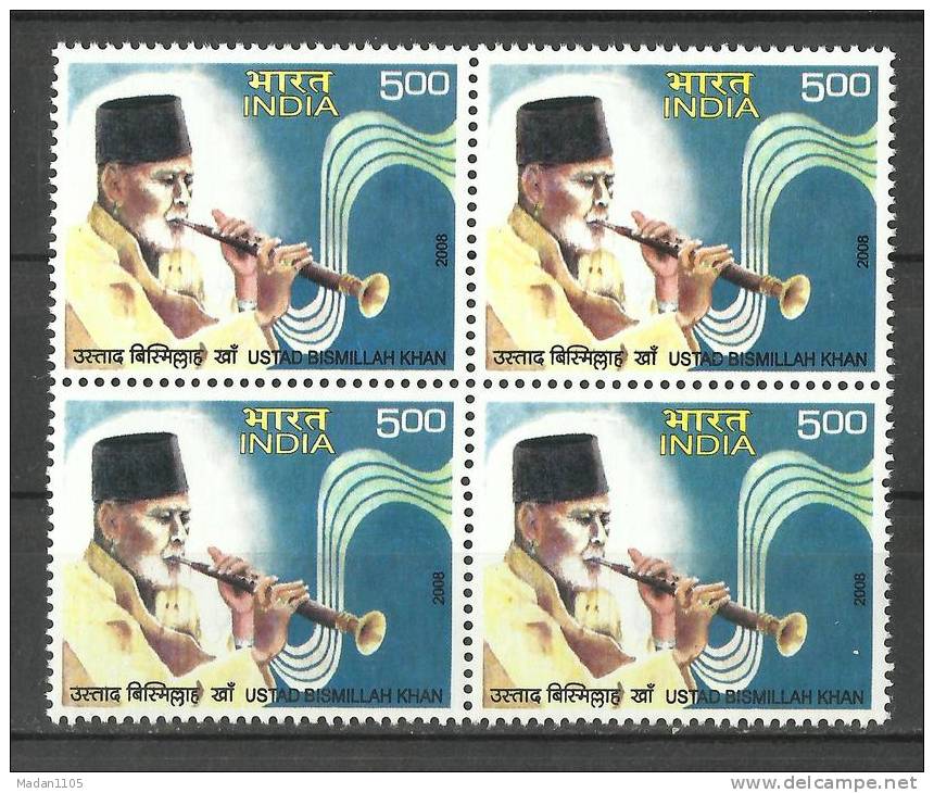 INDIA, 2008, Ustad Bismillah Khan, Shehnai Musician, Block Of 4, Classical Musician, Music,   MNH, (**) - Neufs