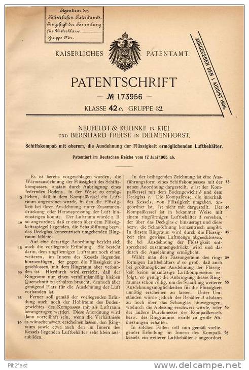 Original Patentschrift - Neufeldt & Kuhnke In Kiel Und Delmenhorst , 1905 , Schiffskompaß , Kompaß , Kompass , Schiff !! - Technik & Instrumente