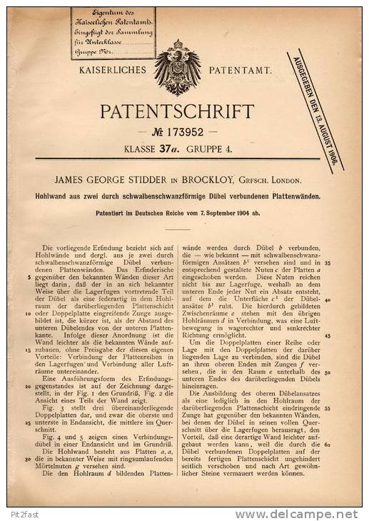 Original Patentschrift - J. Stidder In Brockley , London ,1904 , Hohlwand Aus Platten , Architecture !!! - Architecture