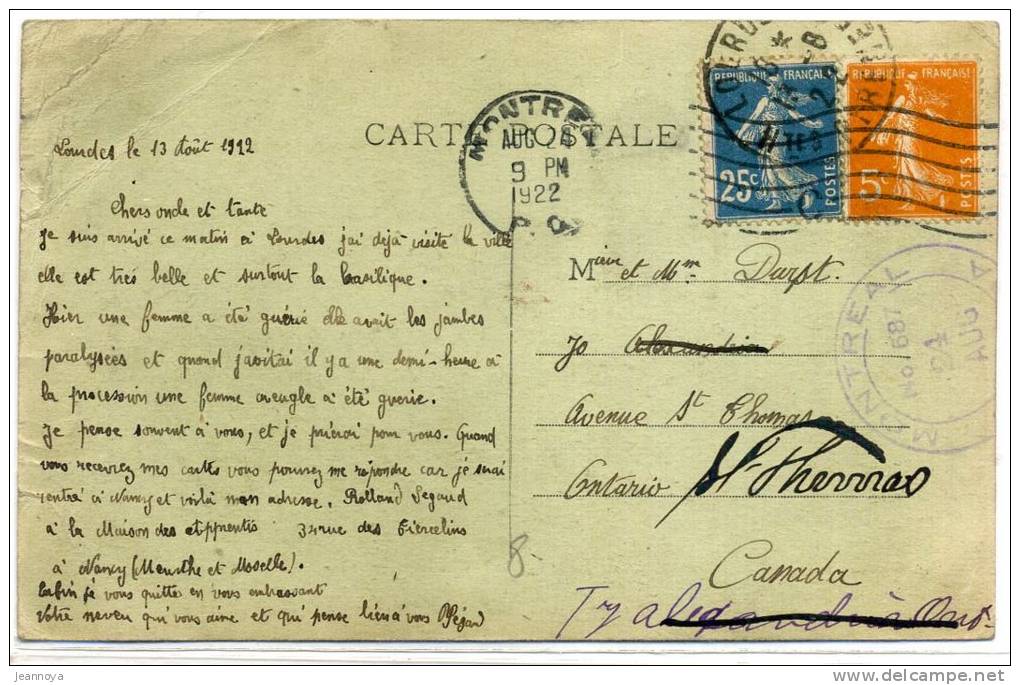 FRANCE - SEMEUSE CAMÉE - N° 140 + 158 / CPA DE LOURDES, LE 13/8/1922 POUR CANADA - TB - Covers & Documents