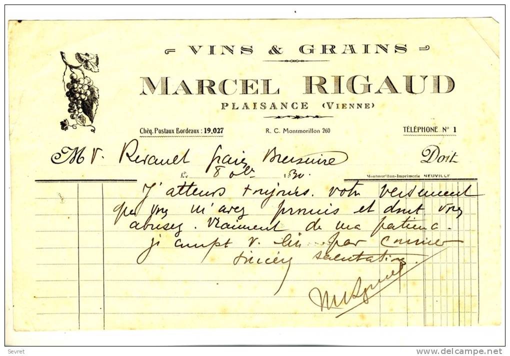 PLAISANCE - Vienne - Marcel RIGAUD  -  Vins,  Grains , - Agricultura