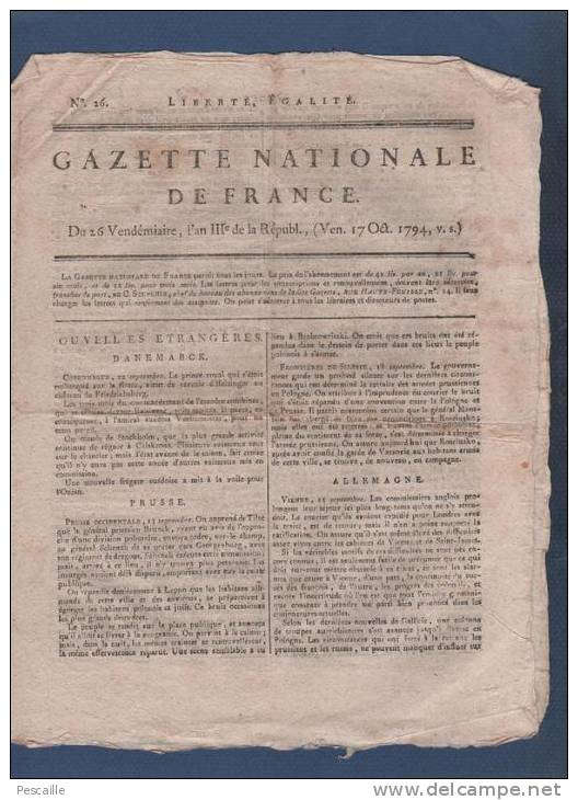 GAZETTE NATIONALE DE FRANCE 17 10 1794 - PRUSSE AUTRICHE LONDRES - THOUARD - SOCIETES POPULAIRES - - Zeitungen - Vor 1800