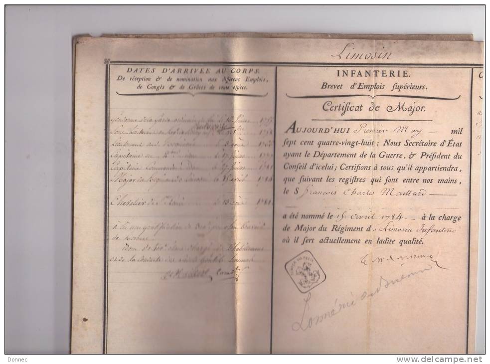 François Maillard, 1784, ( état Des Services ) Signé Loménie De Brienne,  Louis Joseph De Bourbon , Condé - Documentos Históricos