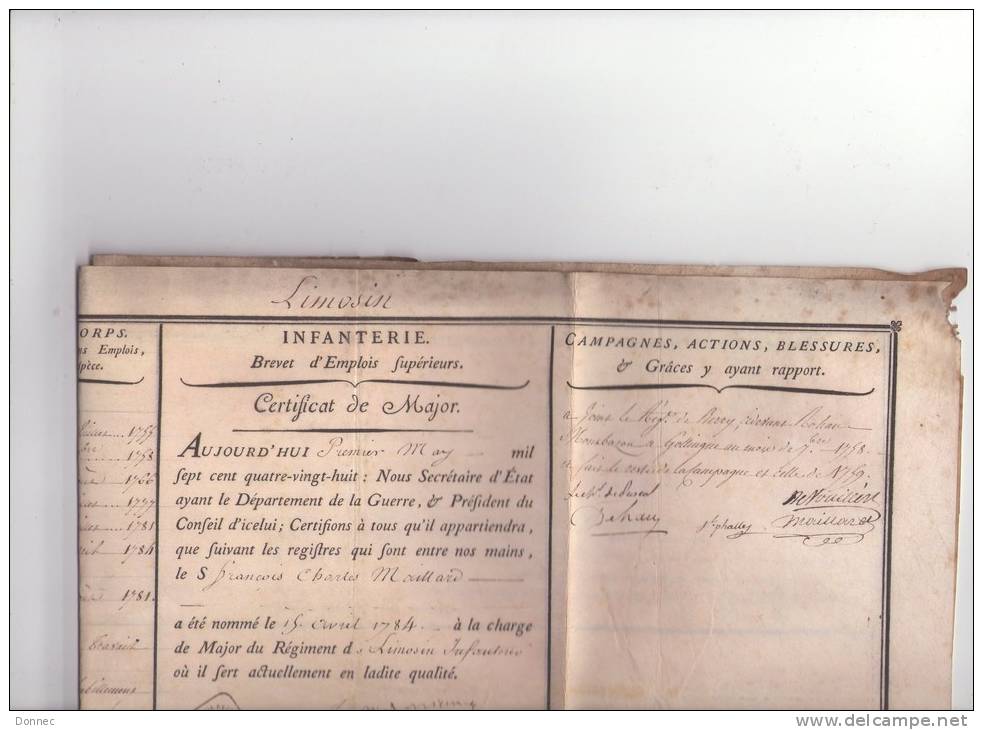 François Maillard, 1784, ( état Des Services ) Signé Loménie De Brienne,  Louis Joseph De Bourbon , Condé - Documentos Históricos