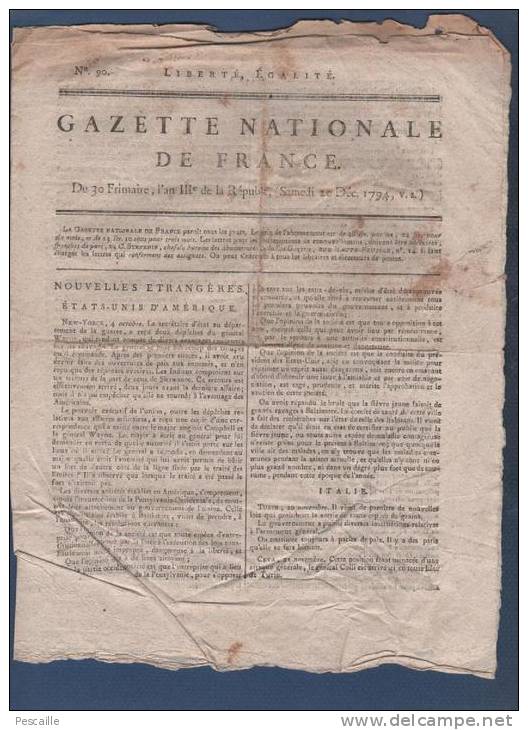 GAZETTE NATIONALE DE FRANCE 20 12 1794 - NEW YORK - ITALIE - VIENNE - CREANCIERS DE LA NATION - PROCES CARRIER NANTES - - Newspapers - Before 1800
