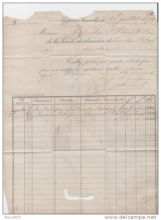 FACTURE GOSSELIES COURCELLES 23/07/ 1874 SOC.CHARBONNIERE D AUVELAIS ST ROCH - 1800 – 1899